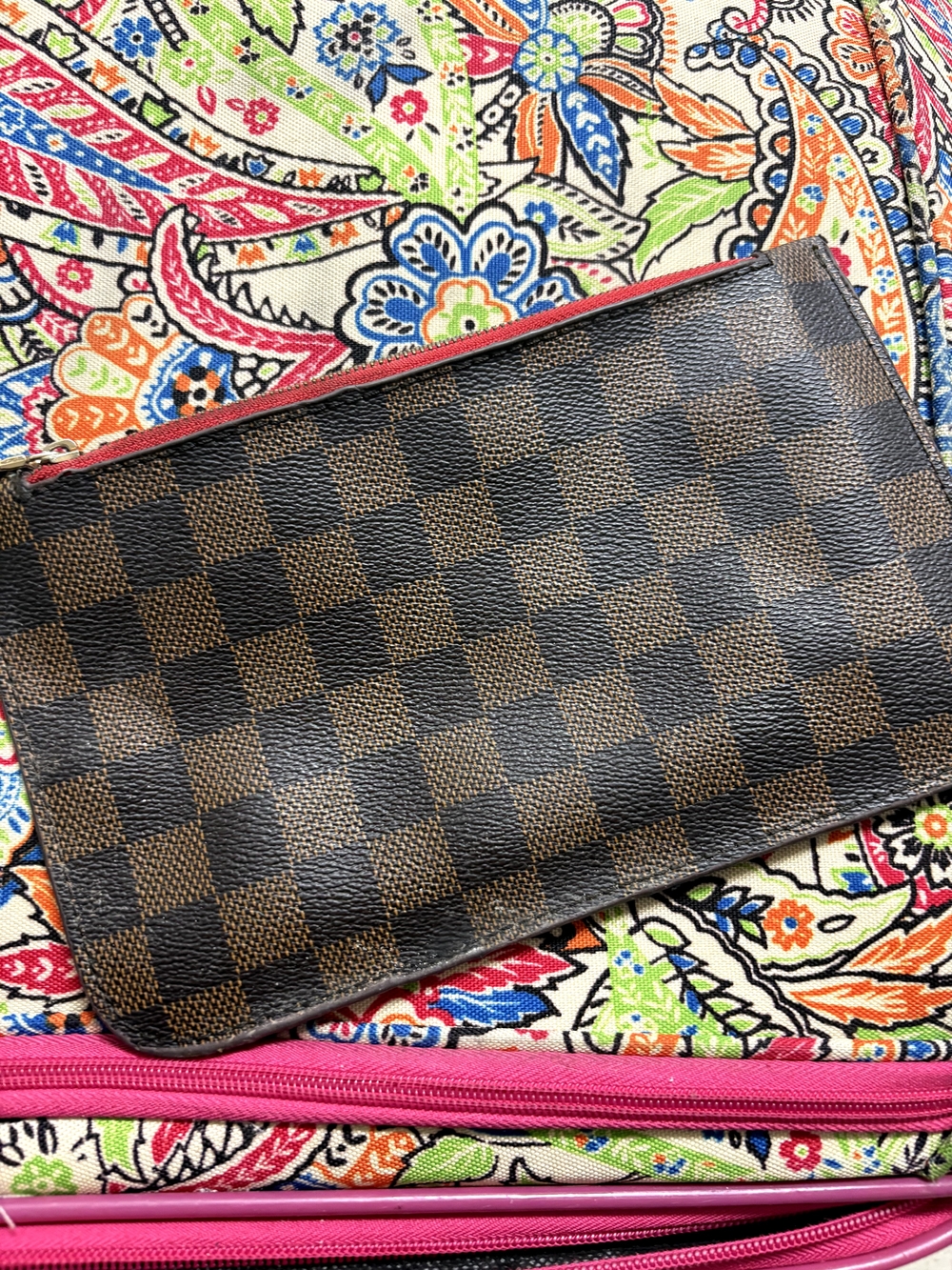 Brown Checkered Women's Clutch Wallet with Red Trim